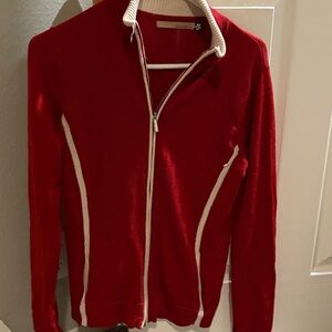 Red Zip-Up Sweater with White Accents
